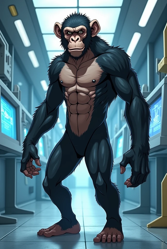 Create an anime-style image of a hypothetical species of a hybrid between humans, and chimpanzees, developed using advanced genetic editing techniques (like CRISPR man face today