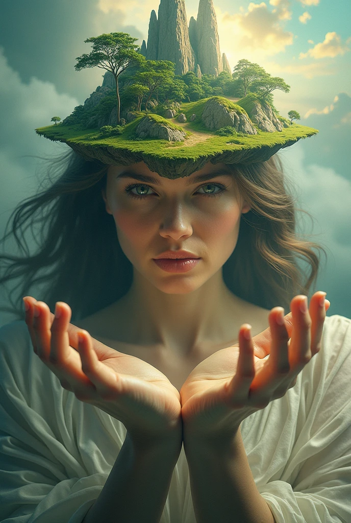 Profile drawing of a goddess holding up an island with her hands