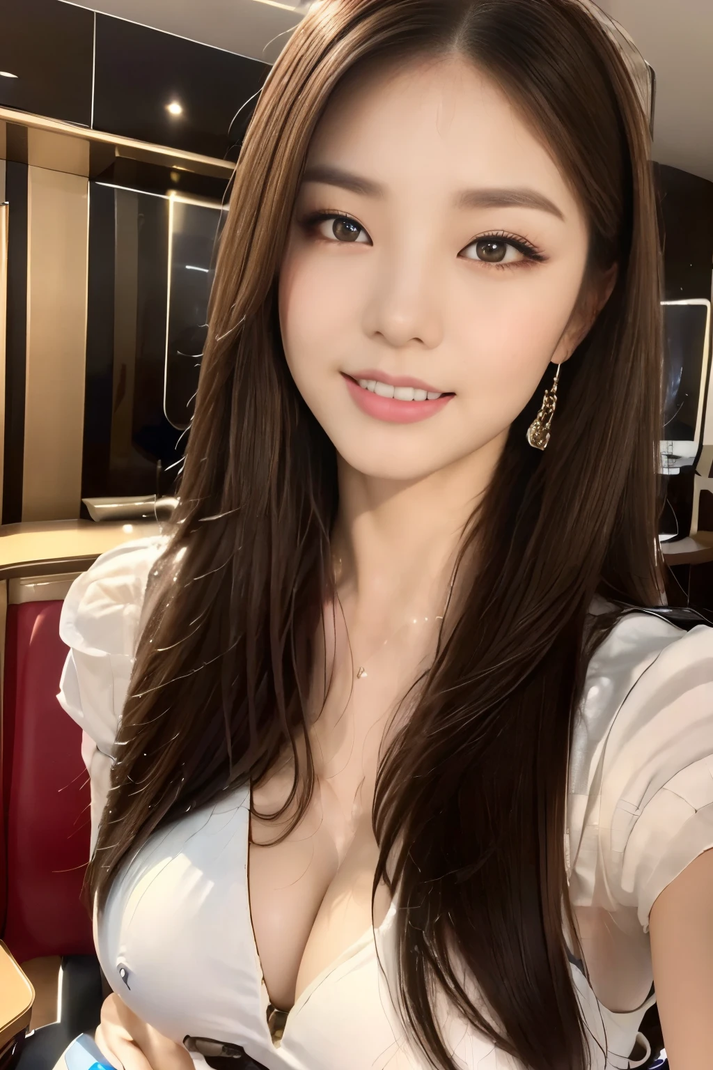 ((Highest quality, 8k, masterpiece: 1.3)), concentrate: 1.2, Perfect beauty: 1.6, Astock: 1.3, ((Straight Hairstyles), (AirAsia flight attendant uniforms: 1.1), (evening, Inside the aircraft), Highly detailed face and skin texture, Narrow eyes, double eyelid, Whitening skin, Long Hair, (shut up: 1.3), A kind smile, Detailed eye makeup,Medium to large breasts,Highly detailed eye texture,Customer service,Close the cabinet
