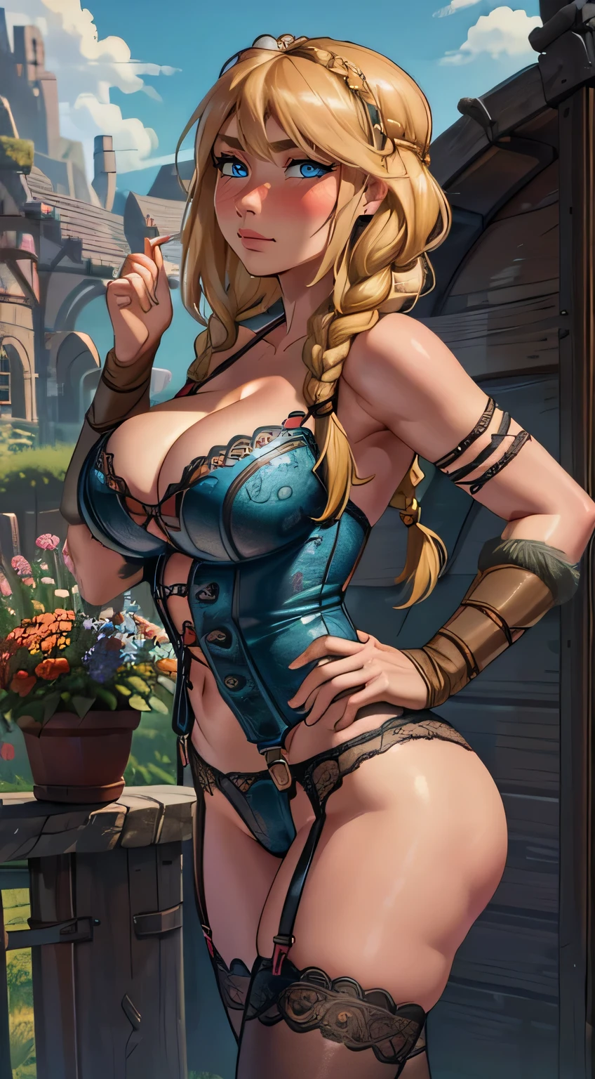 (best quality:1.3), (4k quality), 1 mature woman, Astrid from How to Train Your Dragon, ((Detailed face)), cleavage, sexy, (big ass), (big boobs), (curvy body), ((hair braids)) , (ble sky), ((lingerie))