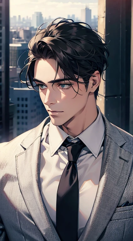 (Highest quality,4K,8K,High resolution,masterpiece:1.2),Super detailed,(Realistic,photoRealistic,photo-Realistic:1.37),1 person,35 years old,Mature Men,Beautiful skin、very handsome,Expressionless,Short gray Black hair,green eyes,Sharp Eyes,A perfect face without a doubt,Businessman, CEO, Office Background,Cinema Lighting,HDR image,tie、
