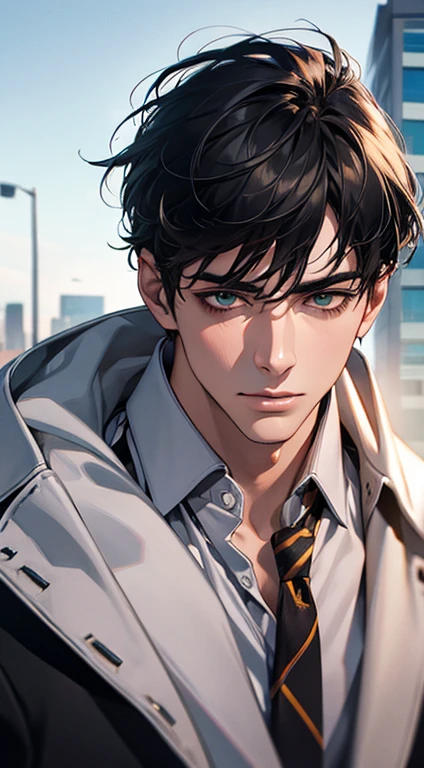 (Highest quality,4K,8K,High resolution,masterpiece:1.2),Super detailed,(Realistic,photoRealistic,photo-Realistic:1.37),1 person,35 years old,Mature Men,Beautiful skin、very handsome,Expressionless,Short gray Black hair,green eyes,Sharp Eyes,A perfect face without a doubt,Businessman, CEO, Office Background,Cinema Lighting,HDR image,tie、
