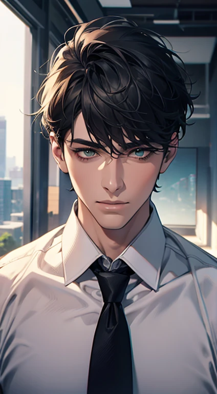 (Highest quality,4K,8K,High resolution,masterpiece:1.2),Super detailed,(Realistic,photoRealistic,photo-Realistic:1.37),1 person,35 years old,Mature Men,Beautiful skin、very handsome,Expressionless,Short gray Black hair,green eyes,Sharp Eyes,A perfect face without a doubt,Businessman, CEO, Office Background,Cinema Lighting,HDR image,tie、