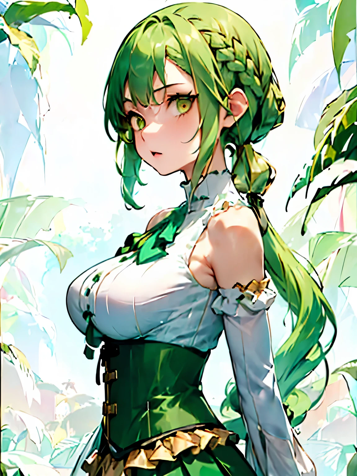 ((ice green color hair)), (low twintails), ((asymmetric bangs)), braided bangs, long hair, break, break, (((gold eye))), ((tsurime)), break, ((petite)), (big breasts), Height:156cm, ************ girl, (green corset), ((dark green Gothic ****ta skirt)), white frill, all bow pink, (white color sleeveless blouse), turtleneck, (Look straight ahead), side angle, (upper body), ((Standing Upright)), ((no background)), ((character concept illustration)), detailed beautiful face and eyes, from side, masterpiece, high details, best quality, 4K, highres