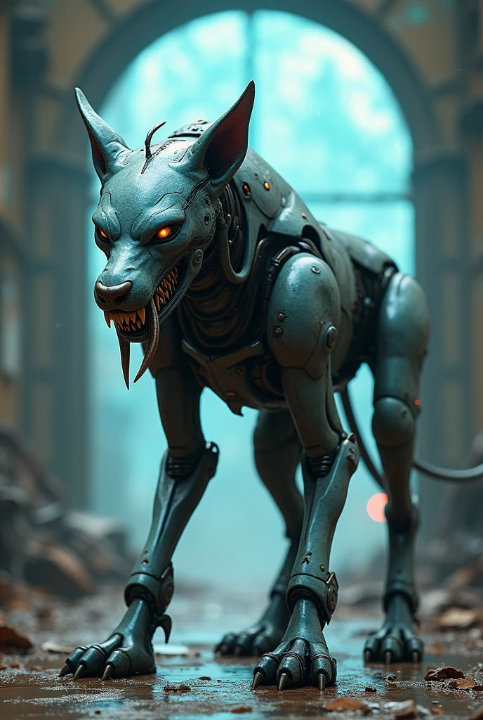 Create a kind of gray and blue spotted alien robotic dog with two large fangs. And a background of a ruined laboratory with a glass wall in the background with a kind of portal to another world.