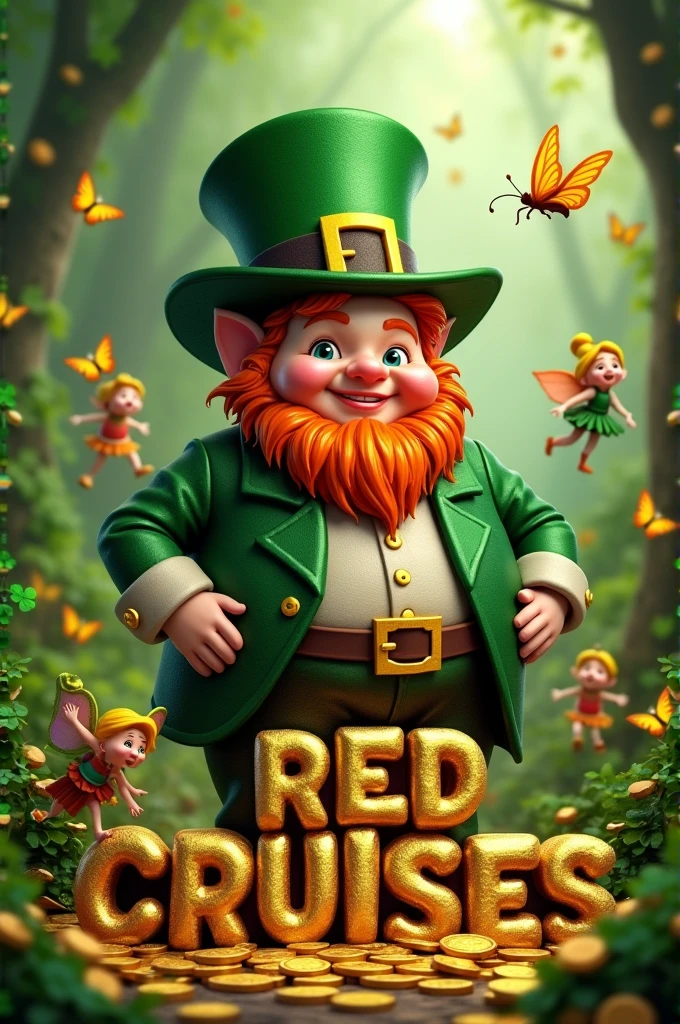 An Irish Leprechaun,green color, gentle, gordo, with many gold coins around, APPETIZER, clovers, butterflies and little fairies. A text in Spanish."RED CRUISES" with fascinating 3D letters, with a lot of shine, golden texture.