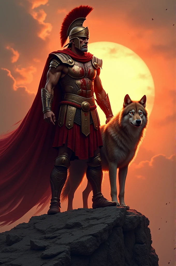 Spartans soldier covered in blood, wearing his cape and helmet and standing beside his wolf covered in blood with wounds after battle, standing on a mountain peak (with radiat glow sun)