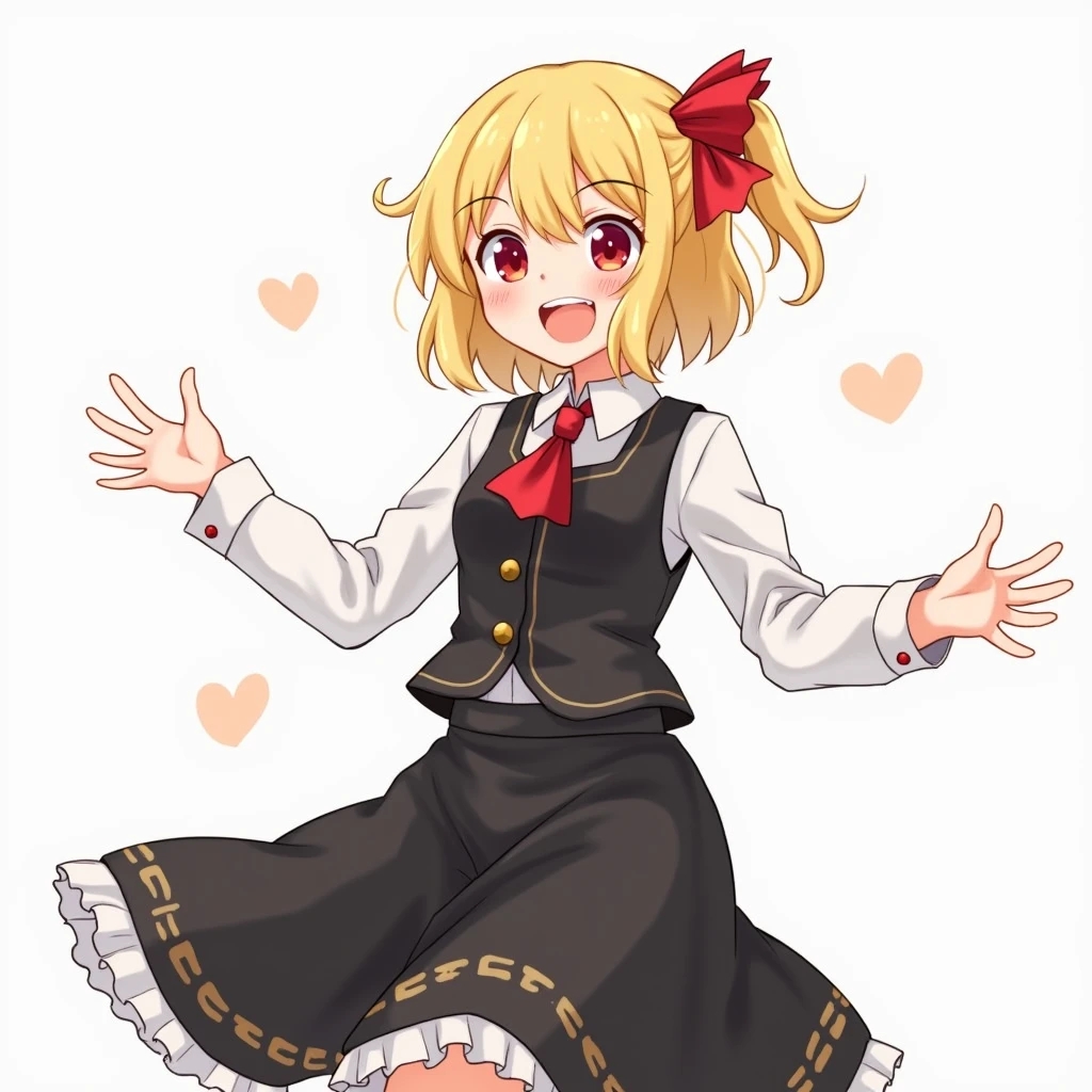 1girl, rumia (touhou), medium hair, blonde hair, red eyes, fang, black vest, white shirt, collared shirt, red ascot, long sleeves, black skirt, skirt set, frilled skirt, red ribbon, hair ribbon,white socks