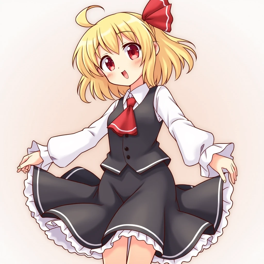 1girl, rumia (touhou), medium hair, blonde hair, red eyes, fang, black vest, white shirt, collared shirt, red ascot, long sleeves, black skirt, skirt set, frilled skirt, red ribbon, hair ribbon,white socks