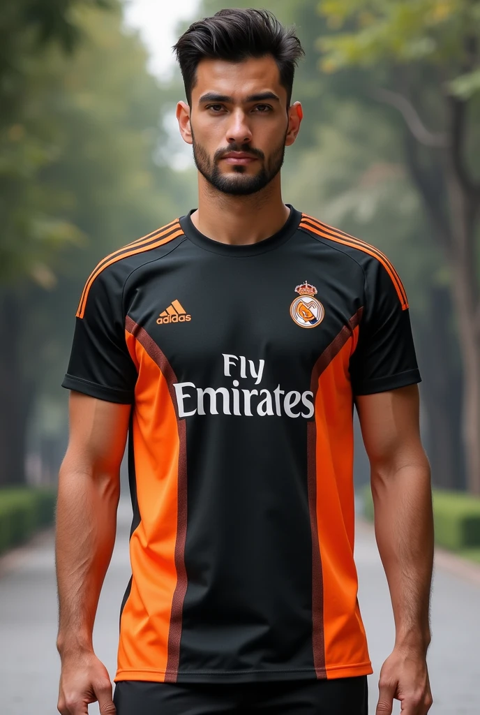Orange and black t-shirt with grey details for law school inspired by the Real Madrid alternative shirt 
 