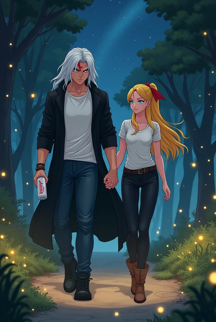 trunks,long straight white hair,Red eyes,semi muscular,scar mark above one of his eyes,White T-shirt,long black jacket,dark blue jean pants,black boots,white saiyajin cola,next to a woman with a female body,long yellow hair tied with a red ribbon,sky blue eyes,white short sleeveless shirt,black pants stuck to his legs,brown boots holding hands romantically as they walk through a night forest lit by fireflies
