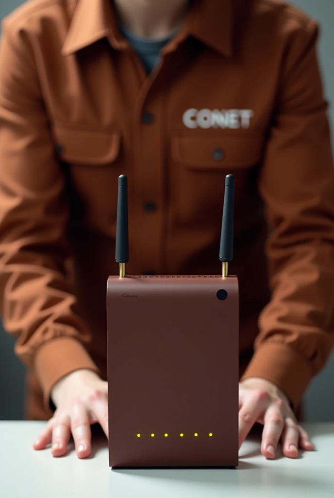 MODERN MAHOGANY BROWN COLORED ROUTER, the kind that are standing without antennas WITH A WRITING THAT SAYS CONET with a black button and three little yellow lights on while a technician in a mahogany brown uniform that says CONET installs it