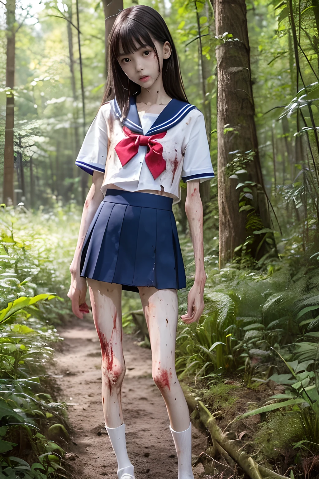 (8K、RAW Photos、highest quality、masterpiece:1.2), (Realistic、Photorealistic:1.2), (High resolution skin:1.1), Beautiful young girl,japanese, 13 years old,small breasts,(Slender girl:1.4),(Thin legs:1.5),dark blue mini skirt,sailor suit, (White high socks:1.1), Short sleeve,sneakers, whole body,forest,standing,(muddy),(wounds,bloody legs:1.4)