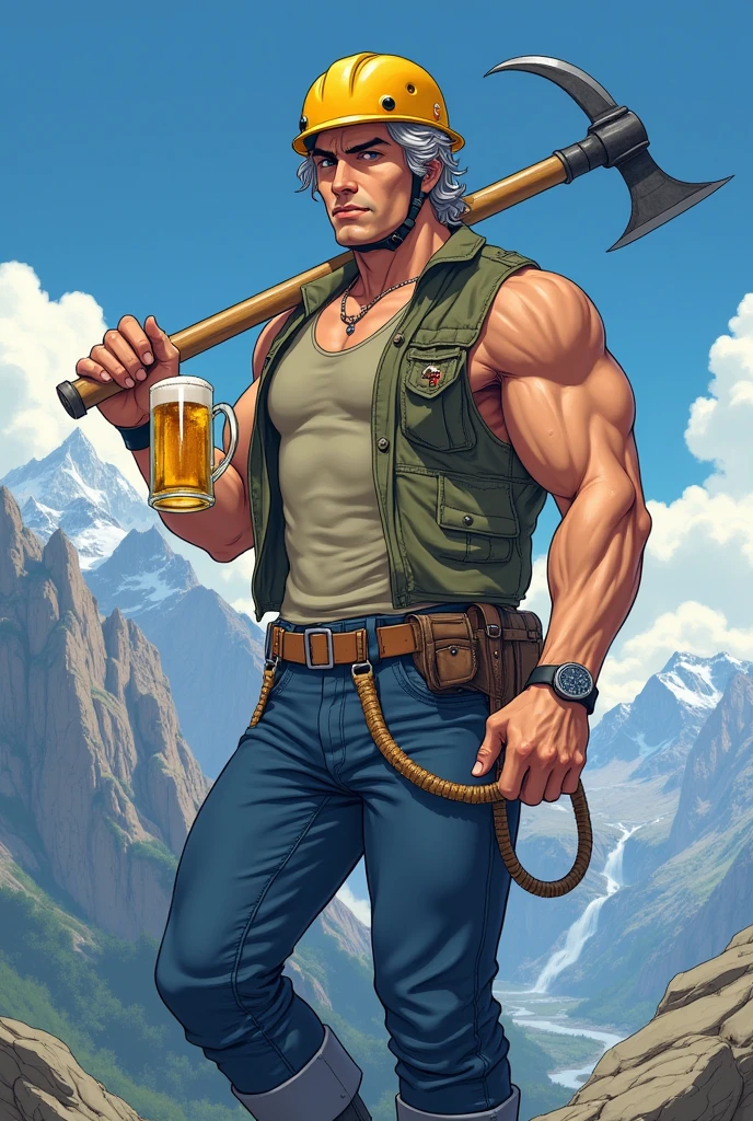 Fantastic photo style illustration。
A young Japanese man wearing a yellow helmet。Thick eyebrows。His face looks like a beautiful woman's。Silver hair that reaches down to the shoulders。The arm muscles are amazing。Wearing a khaki vest。Wearing navy blue trousers。My groin is bulging。Hands holding pickaxe on shoulder。He is about to drink beer from the mug he is holding in his other hand。I'm on a rock。
Behind it is a magnificent mountain range.。Blue sky。Clear air。There is a space caterpillar on a high mountain。