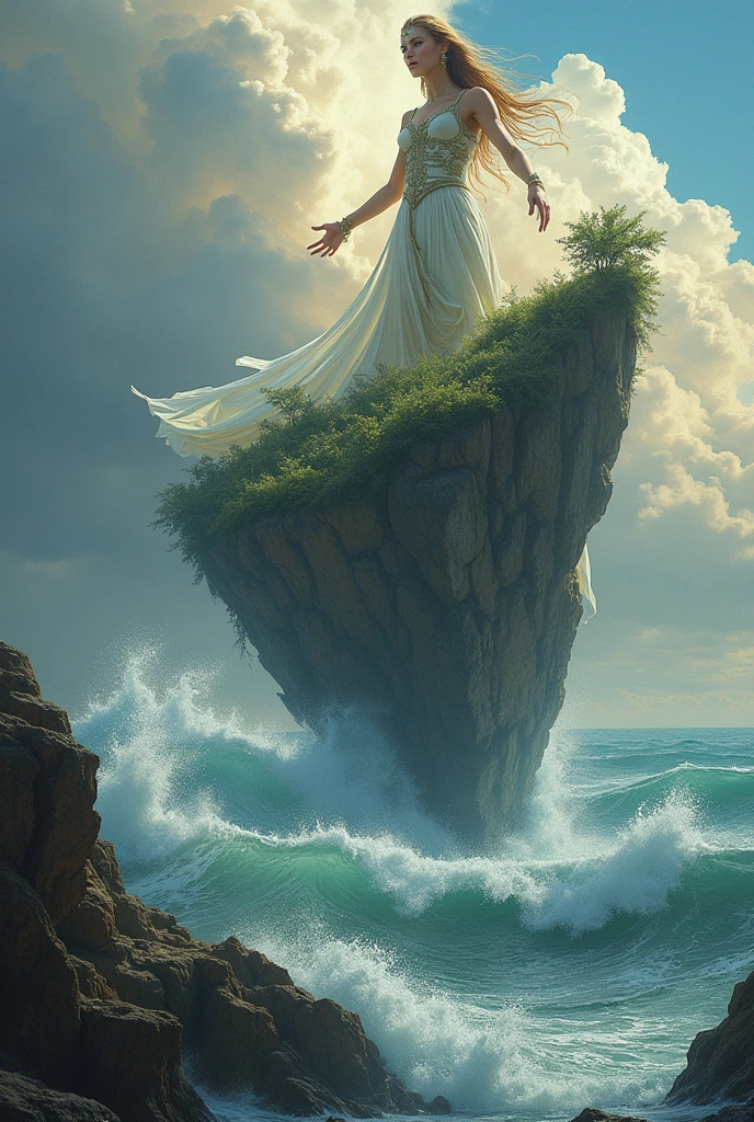 Profile drawing of a goddess holding up an island with her hands