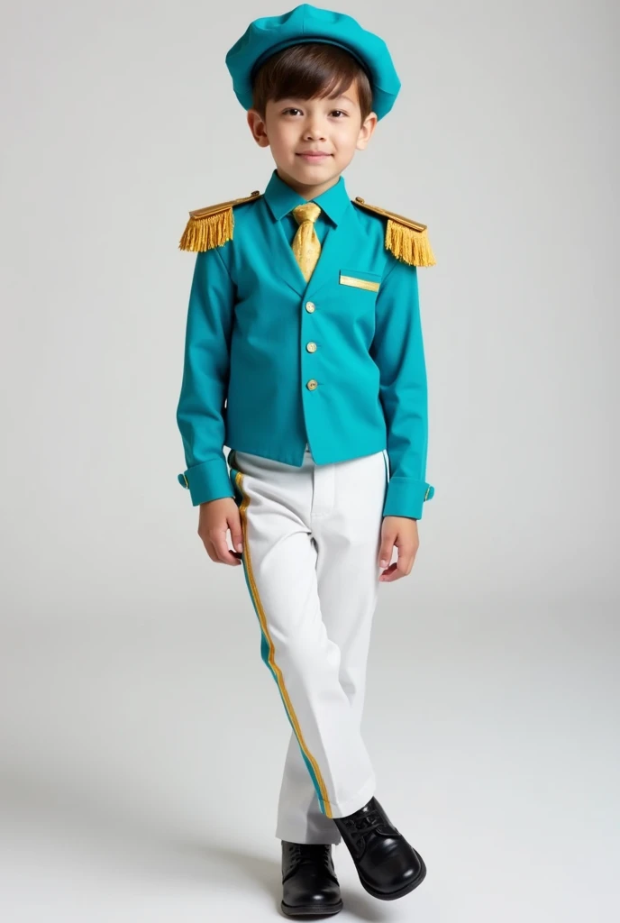 A wearing a turquoise blue long-sleeved shirt, White pants with a straight line on the side in gold, Simple golden shoulder pads, gold tie, black shoes and turquoise blue beret, Hanging tie on right leg in turquoise blue.