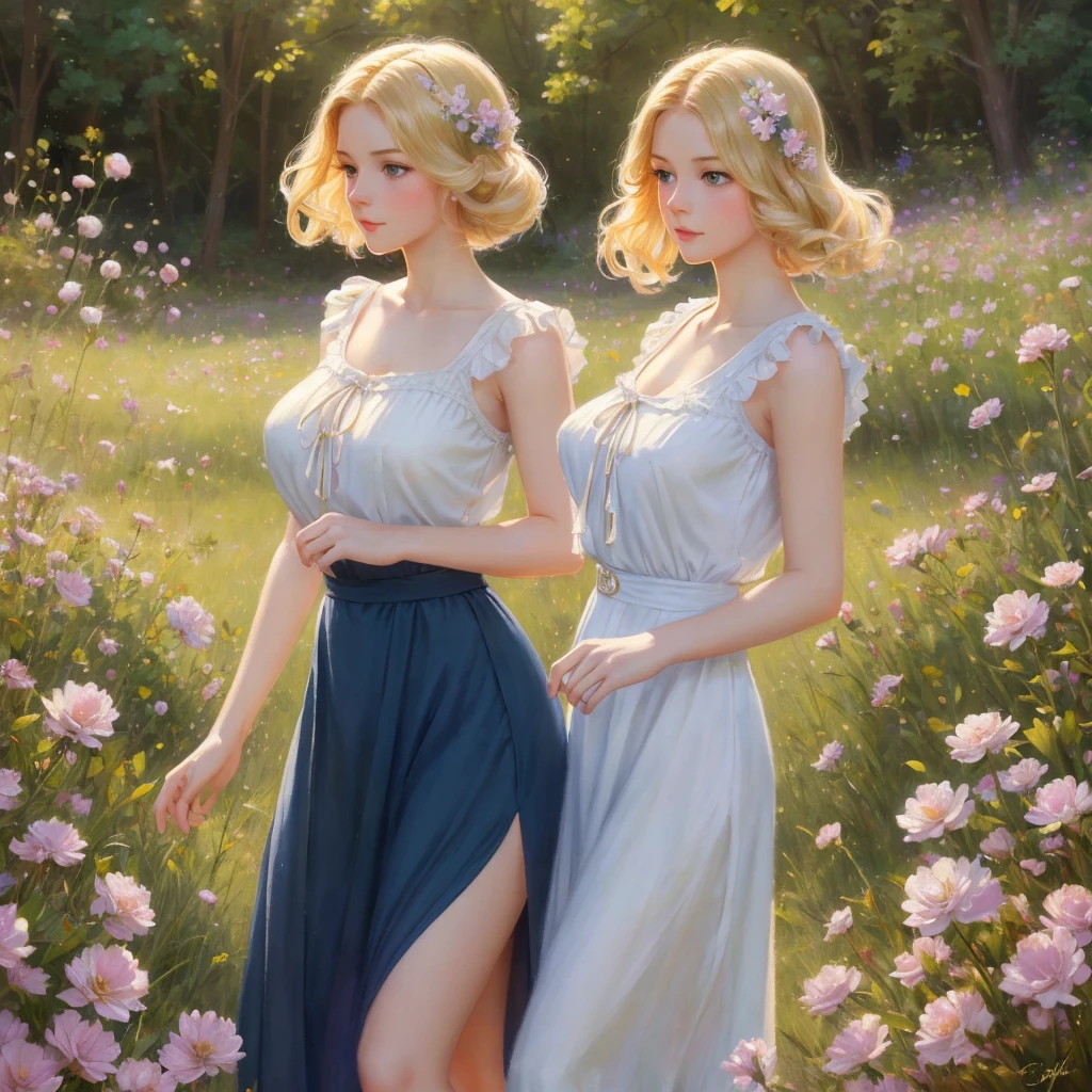 girl, 3個girl, blond, Green eyes, 1930s style, high quality, full-body shot, , Big breasts, Long legs and height 170 , silk sailor suit, Short skirt standing on the grassland, blue sky flowers, delicate eyes, Delicate lips, Extremely detailed face, long eyelashes, Elegant, beautiful, beauty, charming, Exquisite, oil painting, Digital painting, Realism, 8k, best quality, masterpiece, HDR, bright colors, movie lighting, Soft Focus, warm colors, dream, romantic, femininity