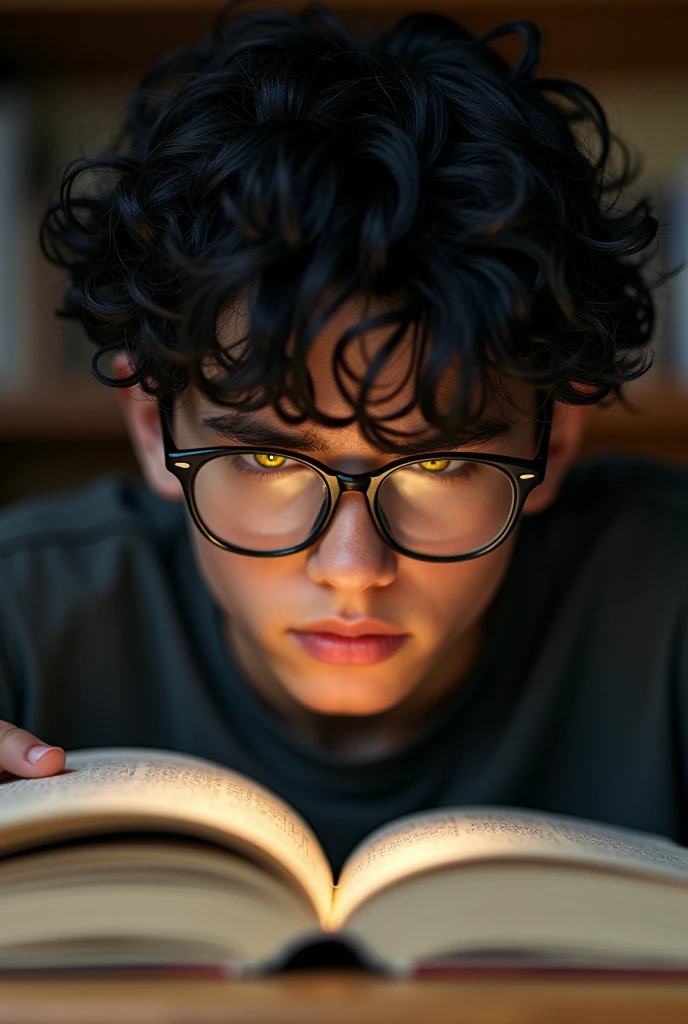 A serious 18 year old boy, with medium wavy black hair and yellow pupils with glasses while reading a book concentrated without looking ahead
