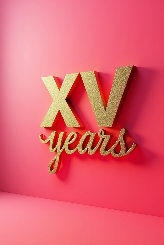 Phrase XV years in golden letters in 2d on a pink background 