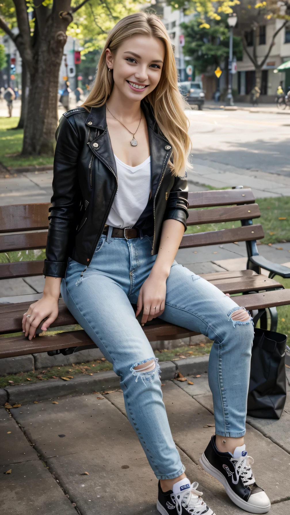 8k wallpaper, Beautiful Caucasian Woman、Full body photo、,sitting on a park bench、leather jacket、shirt、Skinny jeans、sneakers、、Necklace around the neck、 blonde 、ear piercing、smile、Beautiful teeth alignment、
