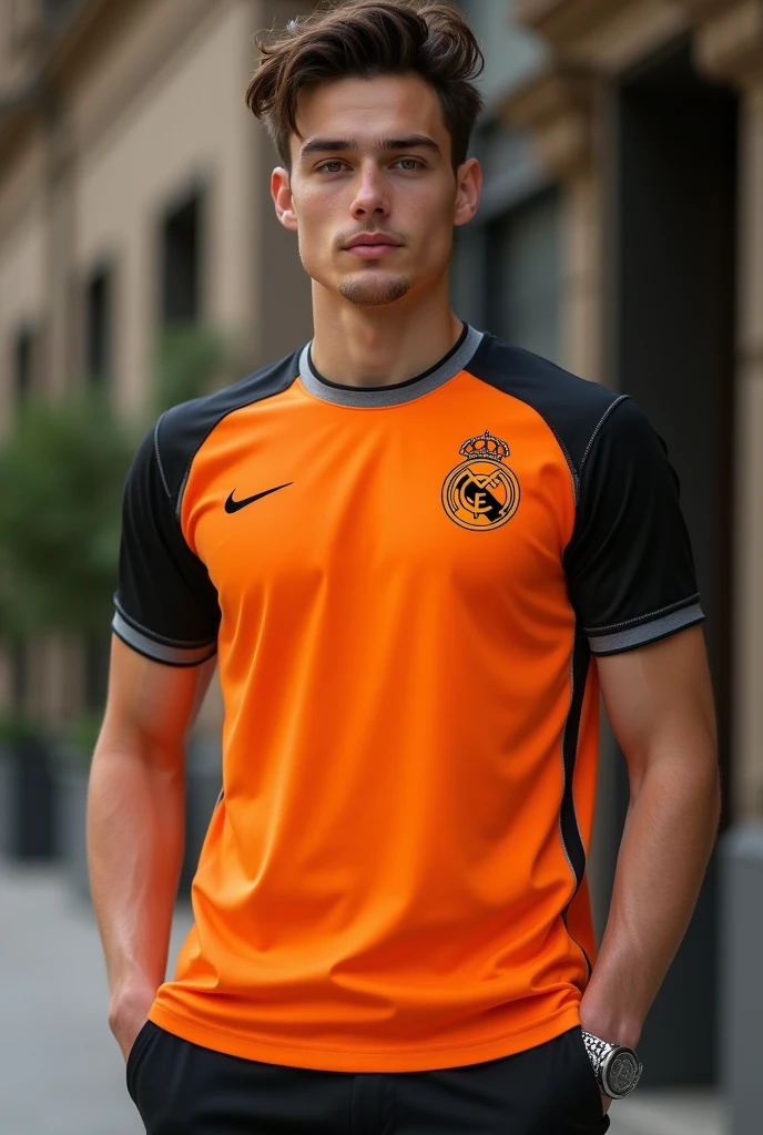 Orange and black t-shirt with grey details for law school inspired by the Real Madrid alternative shirt 
 