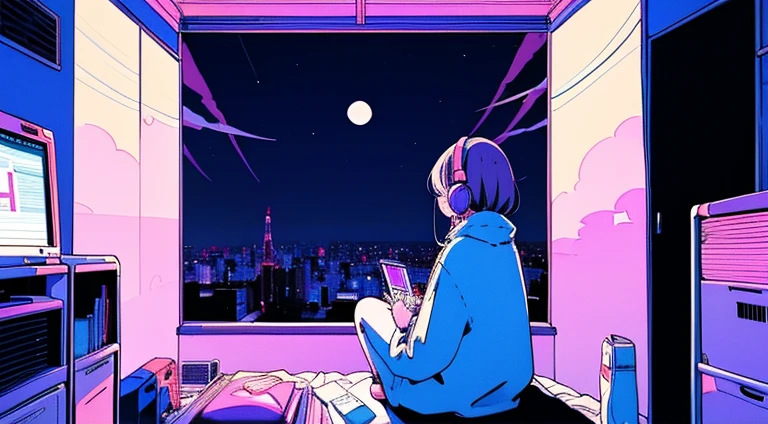(From behind), Anime girl sitting in front of a computer in a cozy bedroom, Girl listening to music in a cozy room (night), Use headphones, On the roof, (beautiful night views from windows), Lots of things, 2D Anime Style, The aesthetics of anime in the 90s, Lo-Fi, Very detailed, hard disk, A mix of anime style and Fujifilm, Surreal, 8k, masterpiece