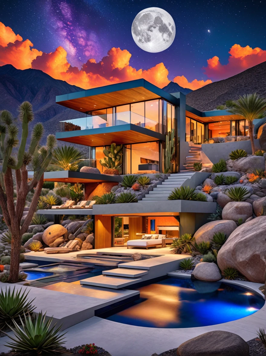 small and beautiful modern house in top of big boulders, terraces, pool, stairs, multiple cacti gardens, palms, trees, rocks, beautiful landscape design, mountains and volcano y background, amazing clouds, sun, moon, planets, milky way galaxy, concrete, wood, glass and steel materials, olive green, violet, orange and withe colors in facade