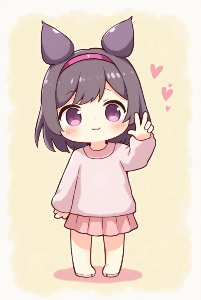 Kawaii girl smiling standing with her hand next to her face showing two fingers, Her face is round and her hair reaches her shoulders and she wears a headband with purple squirrel ears.