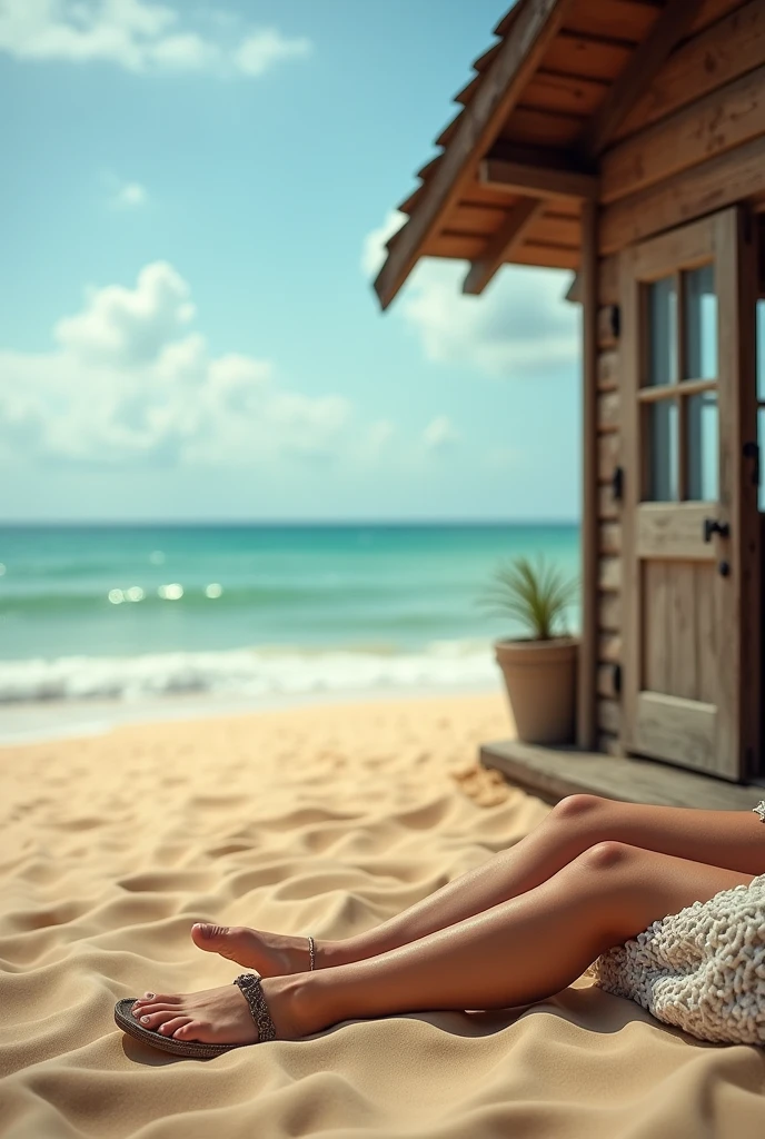 Photograph on the beach where you can see the feet next to a cabin 