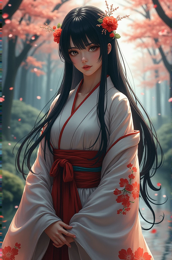Japanese female shrine maiden, black hair, big breasts 