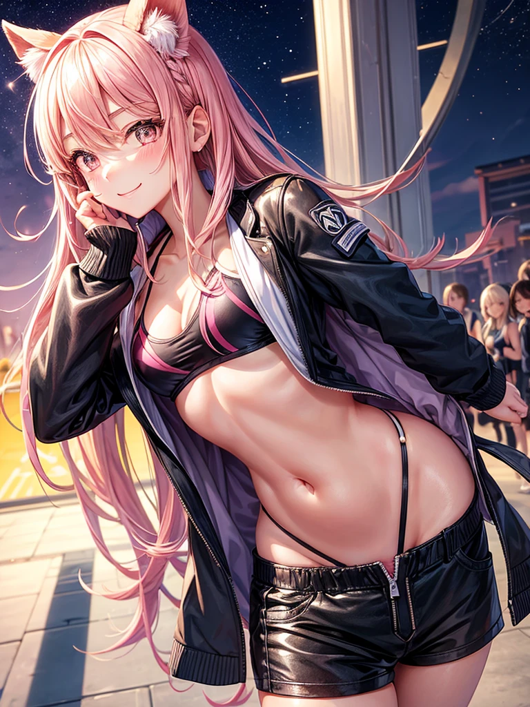 best quality,,smile,blazer,swimsuit,School,Collective of girls,pink track jacket,Physical education class,JK,Sexy and cute,future,Wearing a fastener bra,zipper bra,Long Hair,She has her bangs down,evolution系ファッション,Cuteness at its finest,Sparkling,Leather shorts,赤いLeather shorts,beautiful,middle School girlultiple girls are depicted,harem,idol group,infinite possibilities,Hair tucked behind ear,futureの服装,evolution,starry sky background,photo shoot,long hair,wearing a cardigan,beautiful girlの国,girl's paradise,highest quality,big breasts,leather jacket,happy girl,horny girl,Blue eyes,perfect face,standing position,She has her bangs down,fur jacket,Beautiful eyes,smooth hair,perfect eyes,beautiful girl,Angel Girl,multicolored hair colors,naughty girl,beautiful,High-dimensional beautiful girl,Multidimensional beautiful girl,gathering,Group、,
