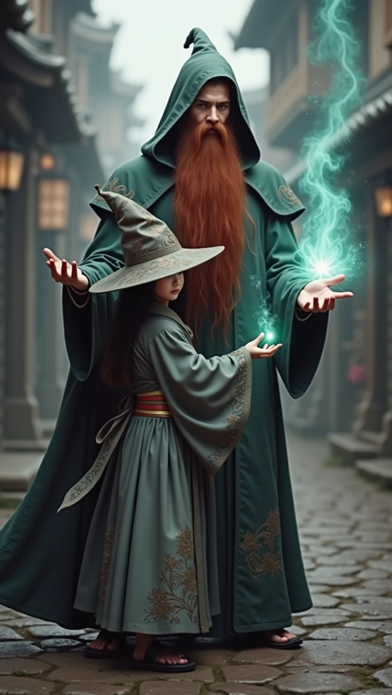 A 30 year old red-haired wizard with a long beard,wearing a greenish-gray wizard's robe with a pointed hood releasing a spell from his hand, next to him is a Japanese witch with a gray witch robe mixed with kimono and a pointy witch hat.hyper realist . 真实感