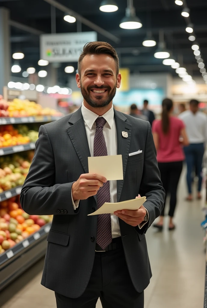 A person wears a suiays financial staff.，Go to the supermarket and take notes，And talk to a lot of people
