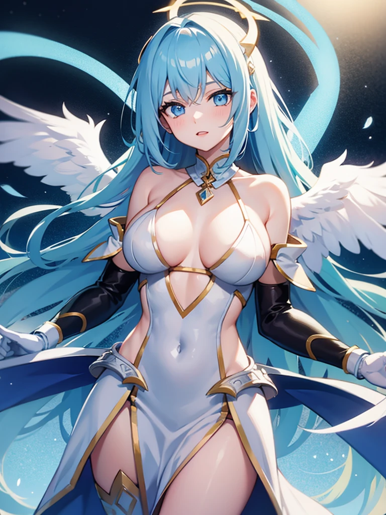 girl with white and light blue hair, diamond armor with white clothes , black gloves, clear blue eyes, white angel wings and a light blue halo showing her breasts