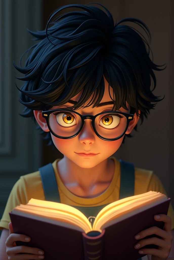 an 18 year old boy , with medium wavy black hair and yellow pupils with glasses while reading a book concentrated without looking ahead
