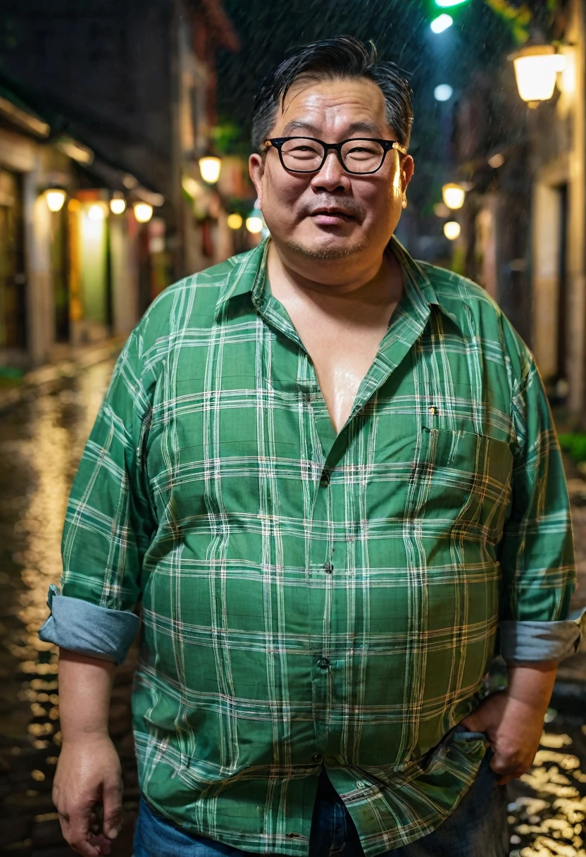 Man, Asian, 50 years old, Fat, Chubby, wearing glasses,( Put on a thin, light green plaid shirt, Unbutton the shirt ), Shirtless, wearing Jeans, in the old town, Wet, Raining, night time, ( Top view ), beautiful lighting.