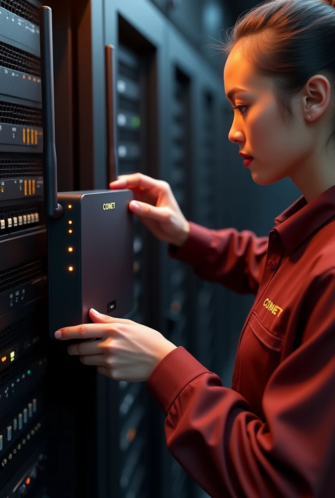 MODERN MAHOGANY BROWN COLORED ROUTER, the kind that are standing without antennas WITH A WRITING THAT SAYS CONET with a black button and three little yellow lights on while a technician in a mahogany brown uniform that says CONET installs it with his full face.