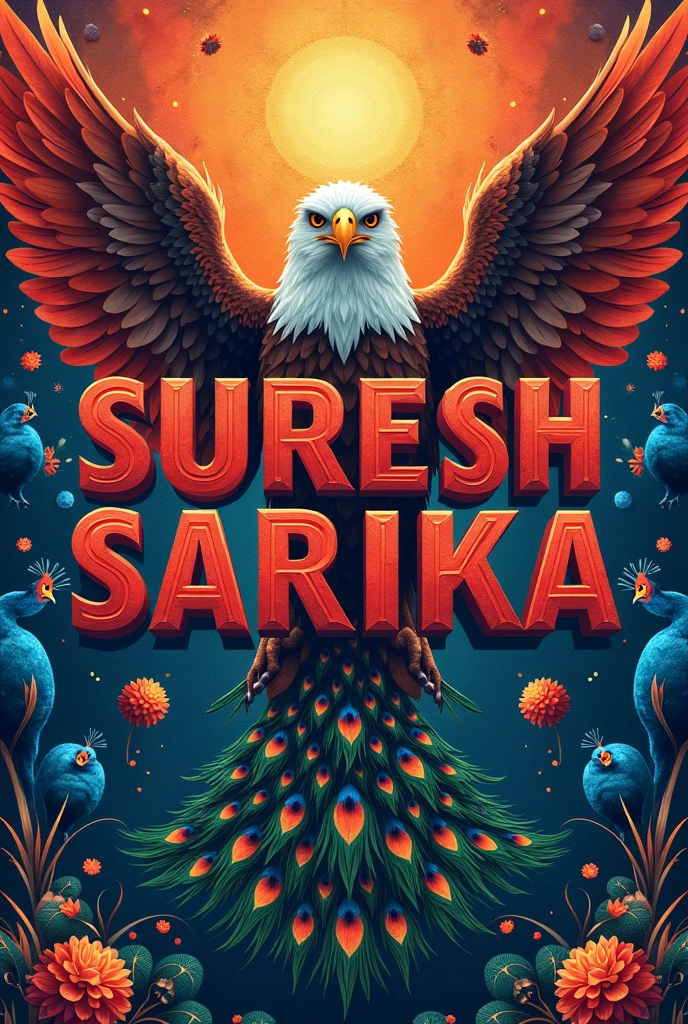 SURESH name with red color with eagle and SARIKA name with blue color with peacocks background