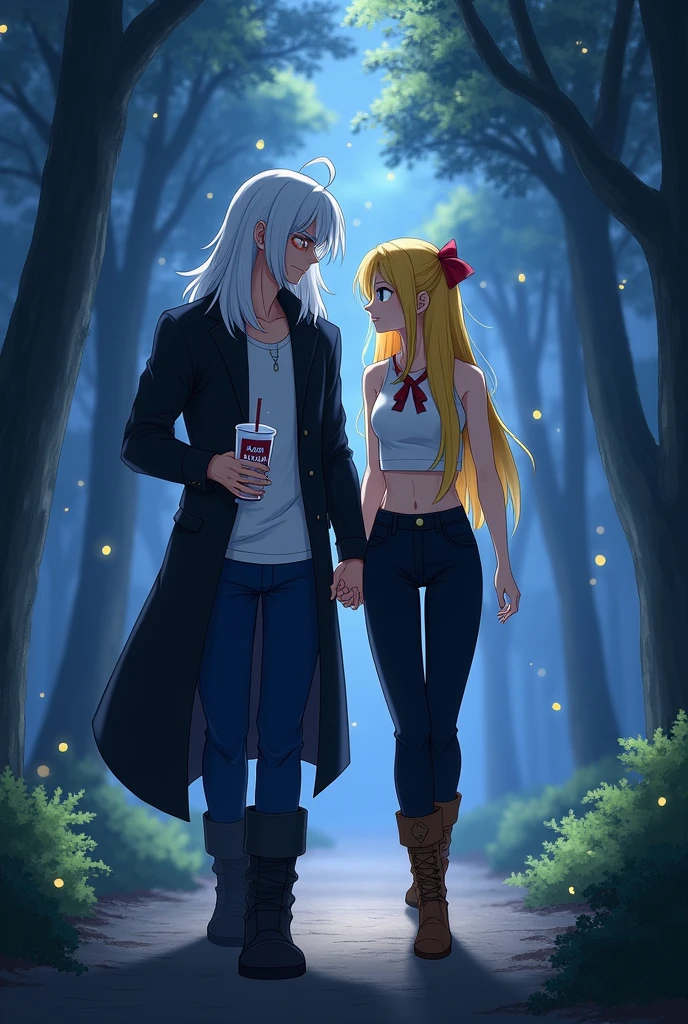 trunks,long straight white hair,Red eyes,semi muscular,scar mark above one of his eyes,White T-shirt,long black jacket,dark blue jean pants,black boots,white saiyajin cola,next to a woman with a female body,long yellow hair tied with a red ribbon,sky blue eyes,white short sleeveless shirt,black pants stuck to his legs,brown boots holding hands romantically as they walk through a night forest lit by fireflies (dragon ball drawing style)