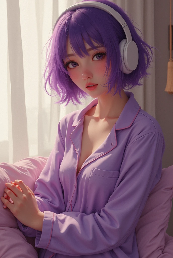 (photorealism:1.2), beautiful woman, white background, purple pajama, wearing headphone, purple pajama pants, short purpel hair, indoors, soft lighting, cozy room, sweet pose, realistic, intricate details, warm colors, by Greg Rutkowski, by Alphonse Mucha