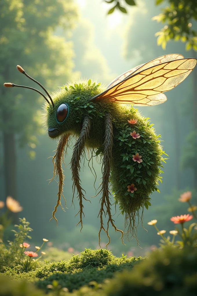 A realistic image of a giant bee, your wings are made of wind, your body is a mixture of roots and plants, appears to be a mystical creature that was created to protect nature