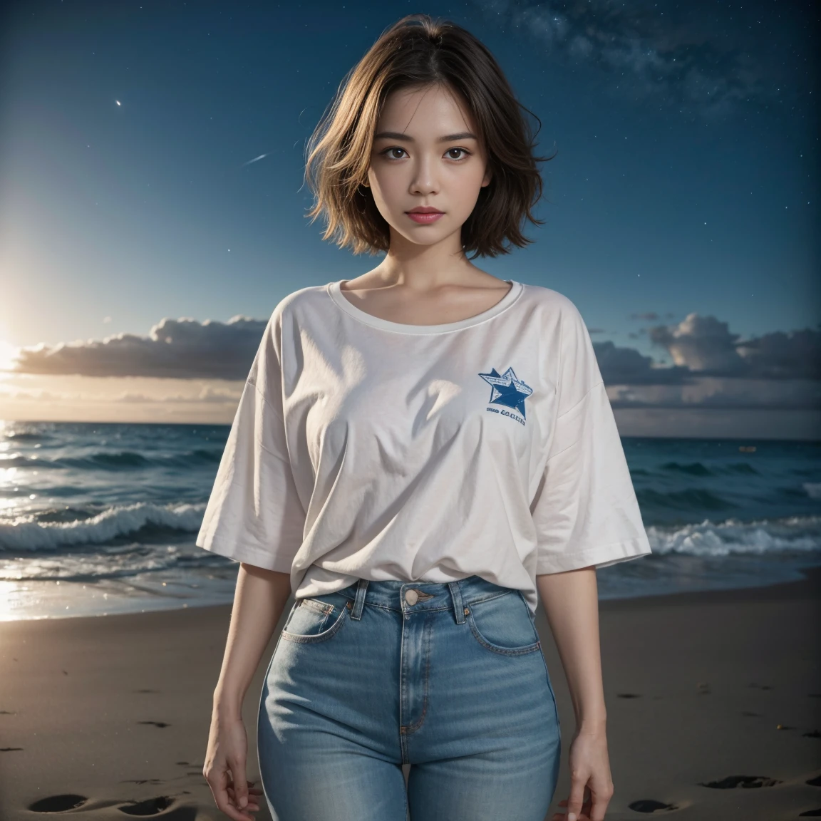 A woman dancing on the beach at night with a starry sky and the sound of waves in the background. Highest quality, masterpiece, ultra-high resolution, (realistic:1.4), original photo, ultra-high resolution, 8K. The woman is wearing a white T-shirt and jeans, with short hair.