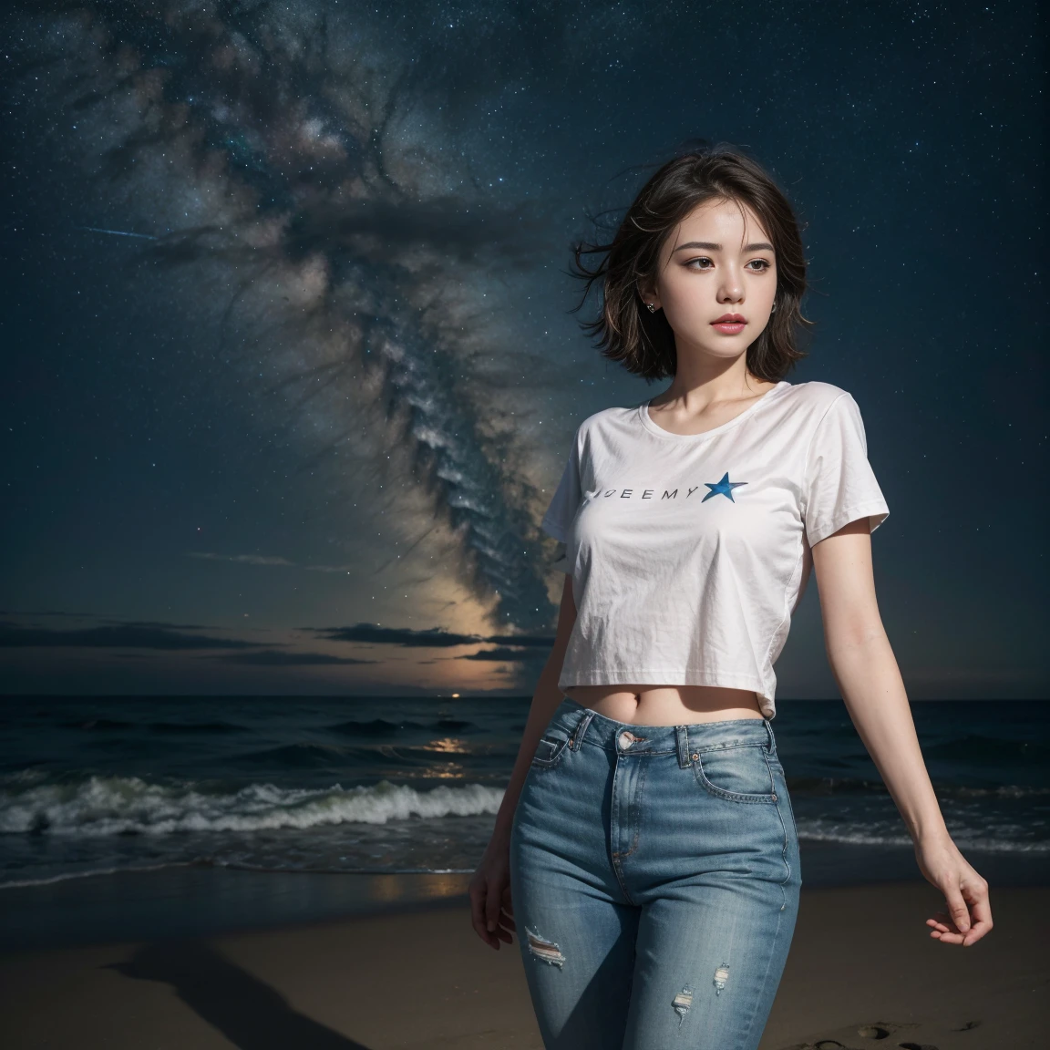A woman dancing on the beach at night with a starry sky and the sound of waves in the background. Highest quality, masterpiece, ultra-high resolution, (realistic:1.4), original photo, ultra-high resolution, 8K. The woman is wearing a white T-shirt and jeans, with short hair.