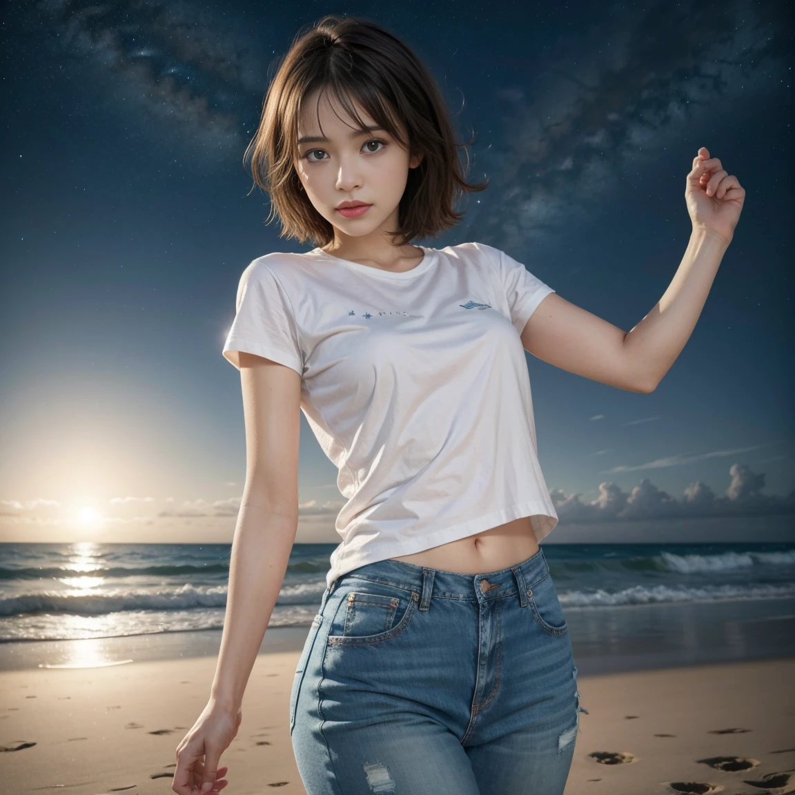 A woman dancing on the beach at night with a starry sky and the sound of waves in the background. Highest quality, masterpiece, ultra-high resolution, (realistic:1.4), original photo, ultra-high resolution, 8K. The woman is wearing a white T-shirt and jeans, with short hair.