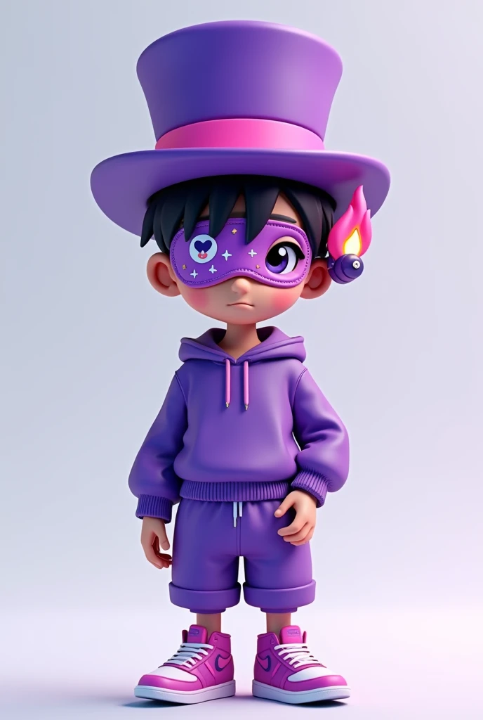 (futurist) An anime character with black hair (brown skin) His eyes are purple, one of his eyes is covered by a sleeping mask with a video game print. On his head, in the right corner, there is a purple top hat with a pink ribbon on his face. On his boxers, there is a purple heart mark, and on his left ear, there is a device that is shaped like a fire and is purple and pink. His clothes are a sweatshirt and pants, and his sneakers are all in purple and pink color palettes.