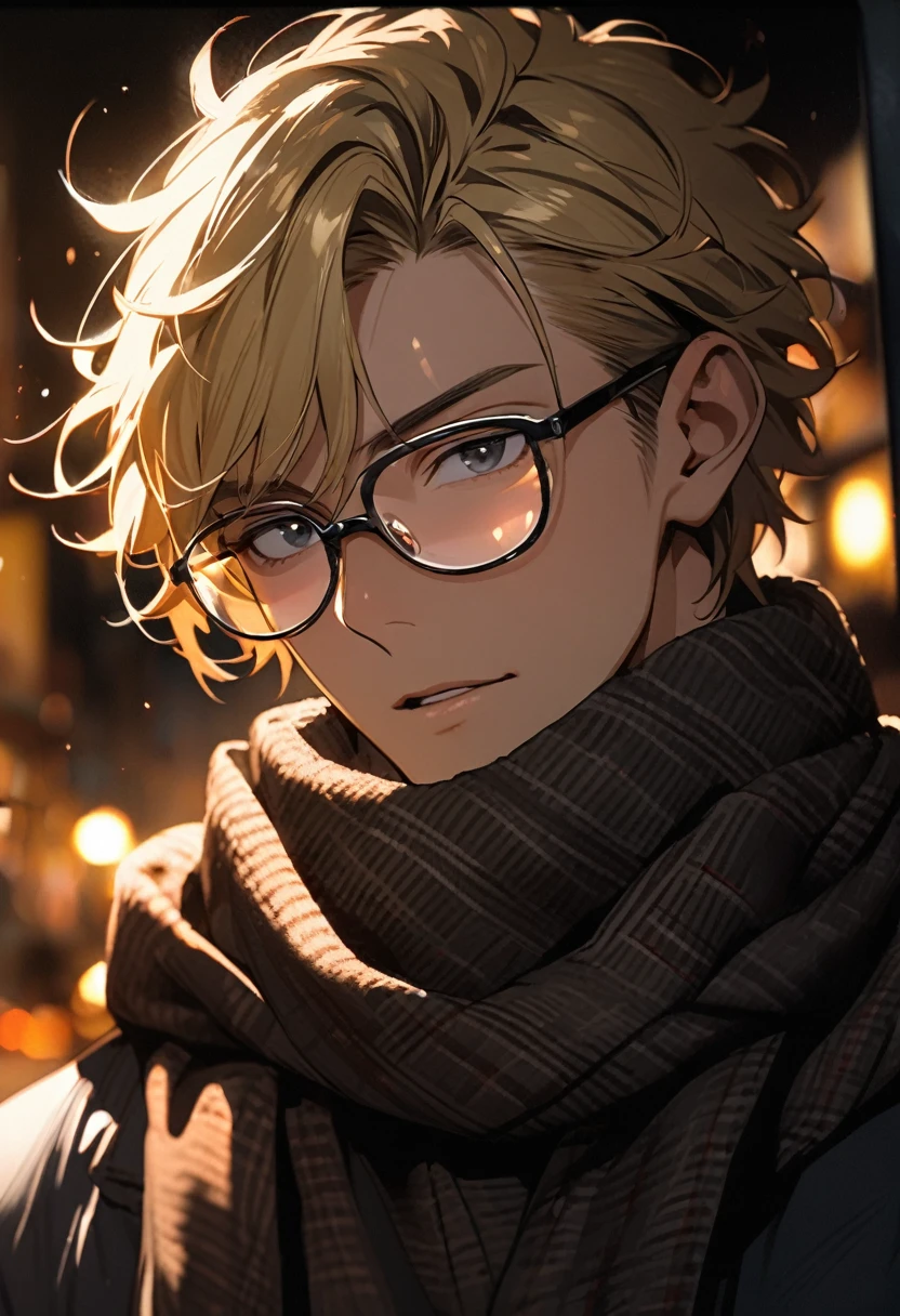 male, solo, handsome, blond hair, high detail, short hair, black eyes, scarf, black aura, glasses, macro picture, beautiful eyes, shiny glasses