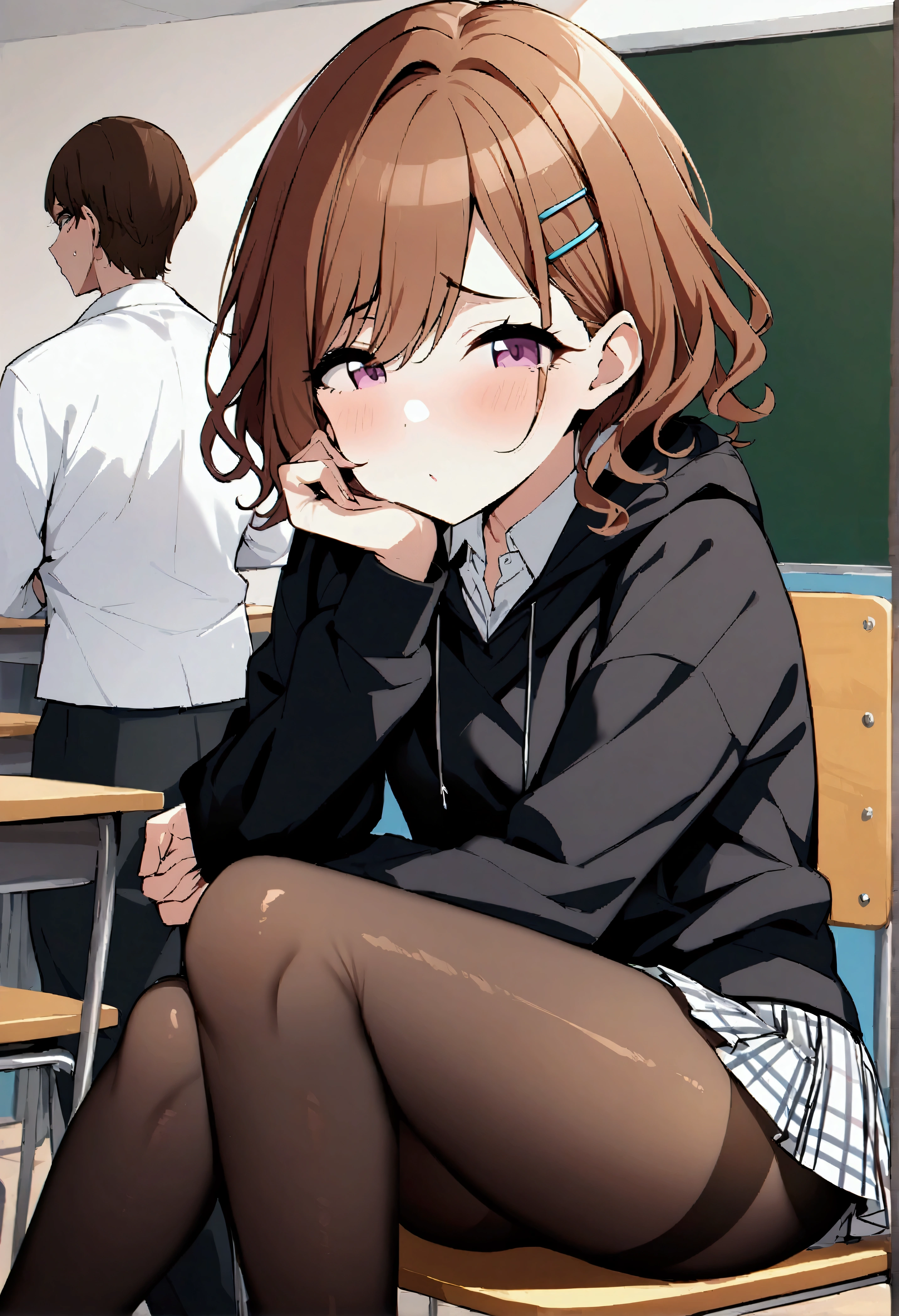 NSFW,masterpiece,Highest quality,High resolution,Very detailed,(A pair of men and women),Madoka Higuchi\(The Idolmaster Shiny Colors\),short hair、Brown Hair、Purple Eyes、hairpin,(uniform),Black hoodie、Collared shirt、Checkered Skirt,(pantyhose),School,classroom,blackboard,machine,Sitting in a chair,Cheek resting on hand,Voyeur