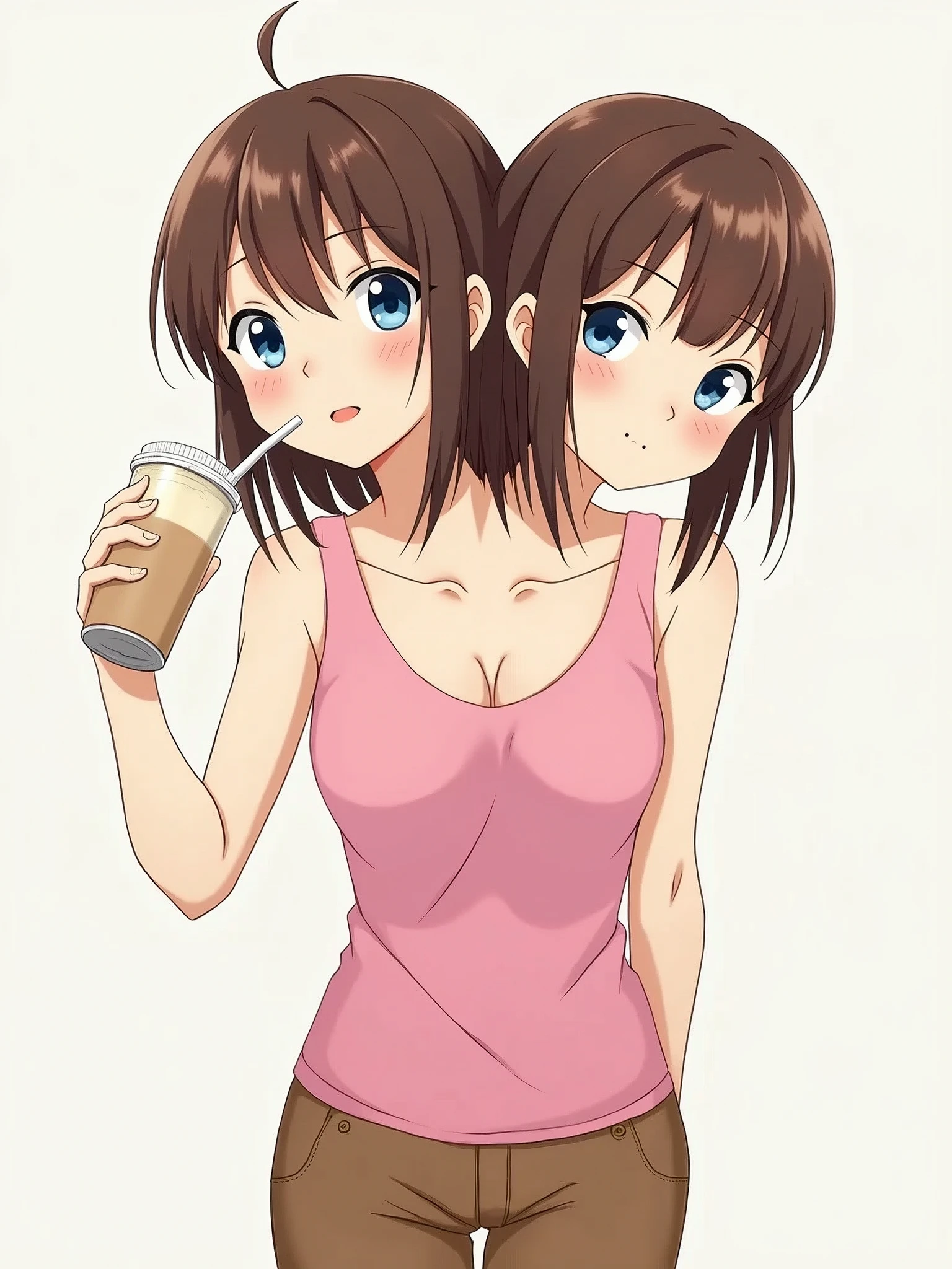 Anime picture of a young woman with two heads and necks on her shoulders, each head with brown hair and blue eyes. The right head has shoulder-length hair and is drinking a milkshake through a straw. The left head has waist-length hair and is looking straight at the viewer and smiling. Both necks are side by side with a u-shaped pit between them. The woman is wearing a pink tank top with slight cleavage and brown short pants and is holding the aforementioned milkshake in her right hand, letting the right head drink it. The left hand is on the woman's hip.