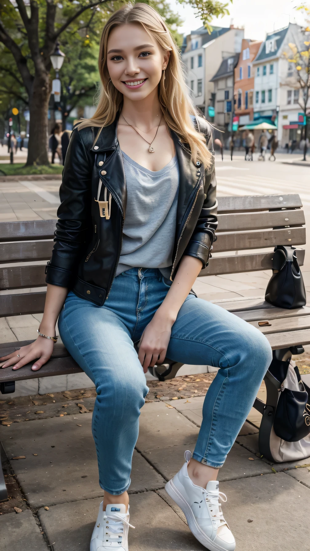 8k wallpaper, Beautiful Caucasian Woman、Full body photo、,sitting on a park bench、leather jacket、shirt、Skinny jeans、sneakers、、Necklace around the neck、 Blonde Blue Eyes、、ear piercing、smile、Beautiful teeth alignment、
