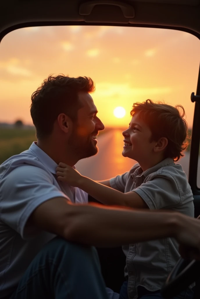 • An image that captures an authentic moment between father and son, like a father teaching his son to drive, or a loving scene of father and son in a car, with the Auto Posto Marecha logo subtly inserted. The background could be a road at sunset, symbolizing the journey of life, with a warm and nostalgic touch.